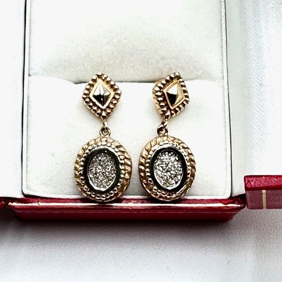 10K Yellow Gold Titanium Drusy Quartz Pierced Chandelier 1 Inch Earrings - Picture 3 of 6